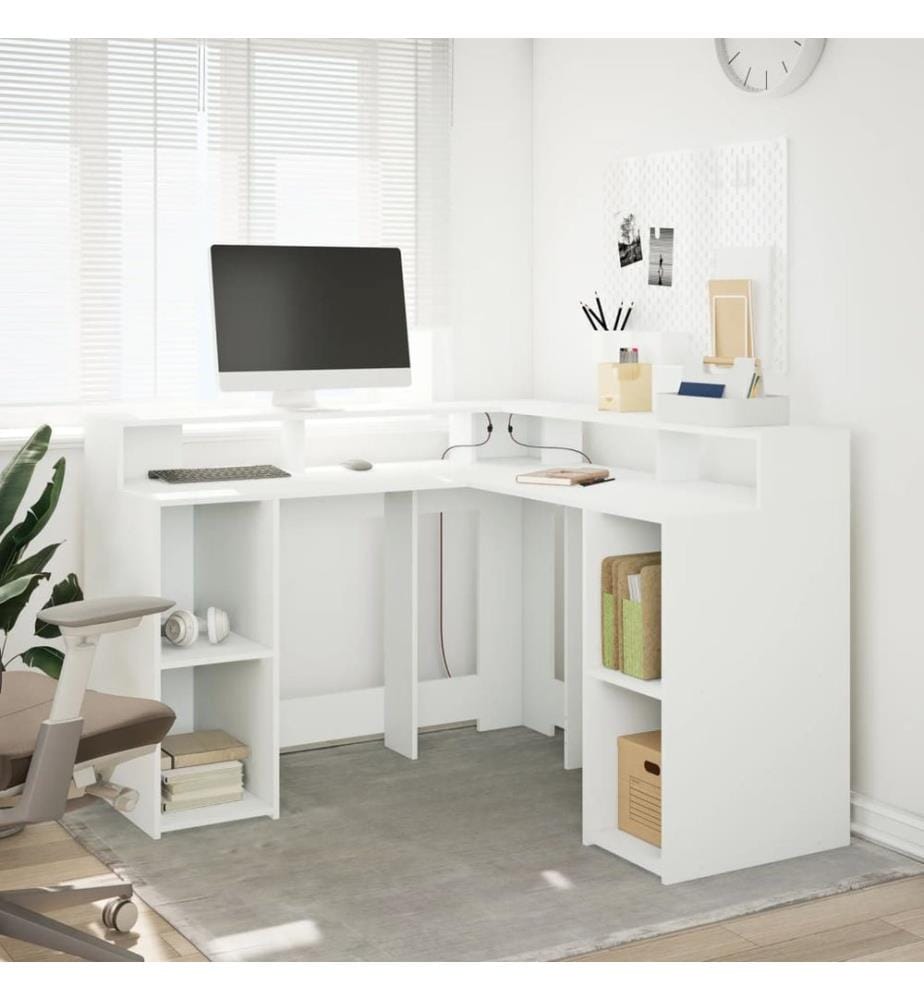 Bureau avec lumières LED blanc 130x130x91 cm bois d'ingénierie