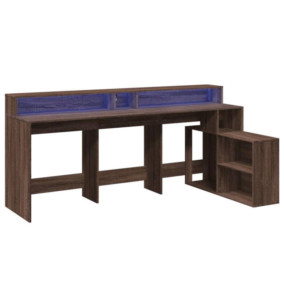 Bureau et lumières LED chêne marron bois d'ingénierie