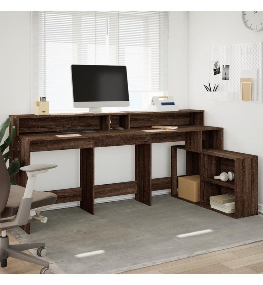 Bureau et lumières LED chêne marron bois d'ingénierie