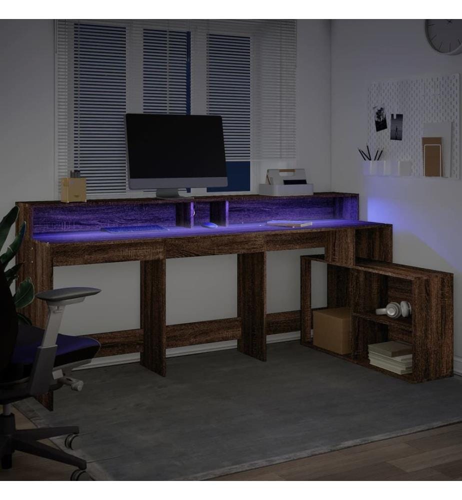 Bureau et lumières LED chêne marron bois d'ingénierie