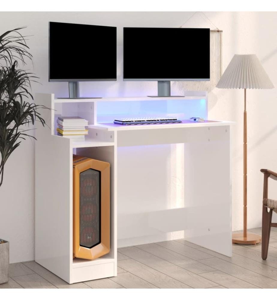 Bureau lumières LED Blanc brillant 97x45x90cm Bois d'ingénierie