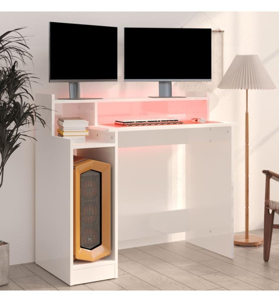 Bureau lumières LED Blanc brillant 97x45x90cm Bois d'ingénierie
