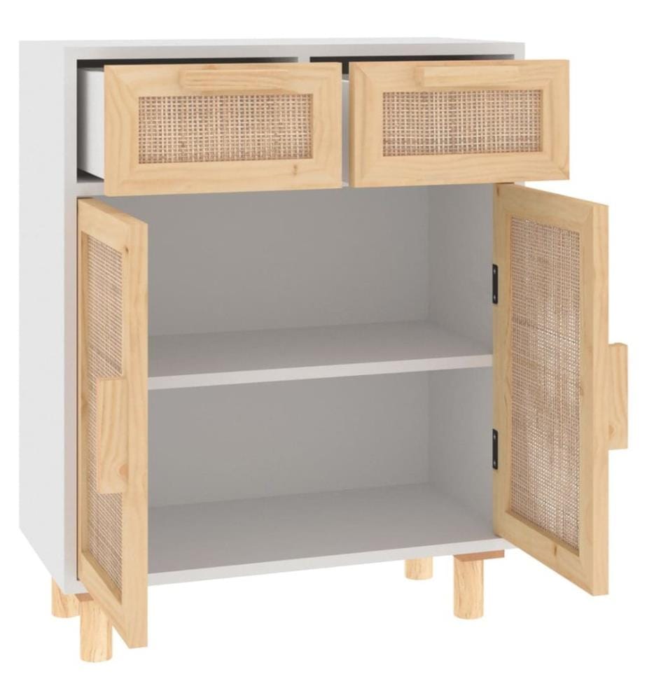 Buffet Blanc 60x30x75 cm Bois de pin massif et rotin naturel