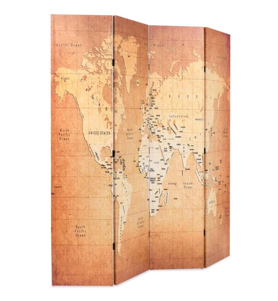Cloison de séparation pliable 160 x 170 cm Carte du monde Jaune