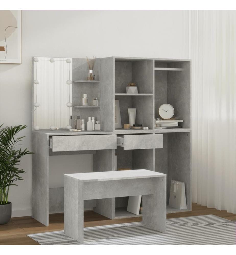 Ensemble de coiffeuse avec LED Gris béton Bois d'ingénierie