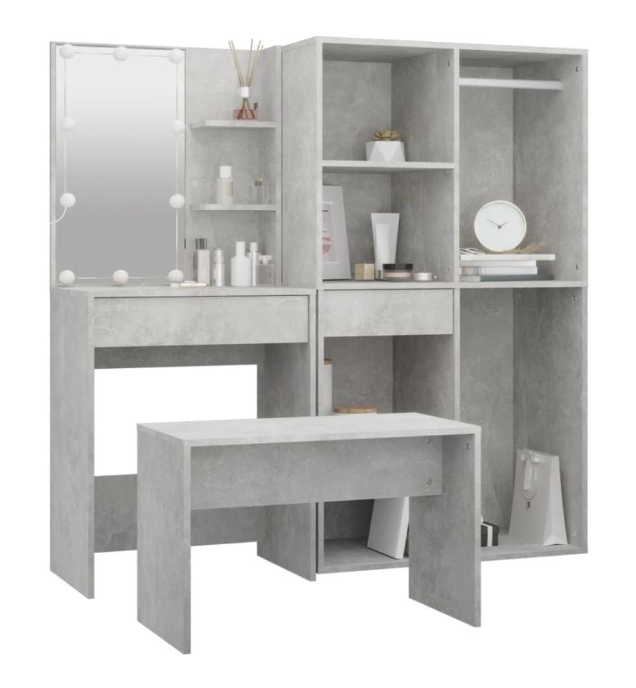 Ensemble de coiffeuse avec LED Gris béton Bois d'ingénierie