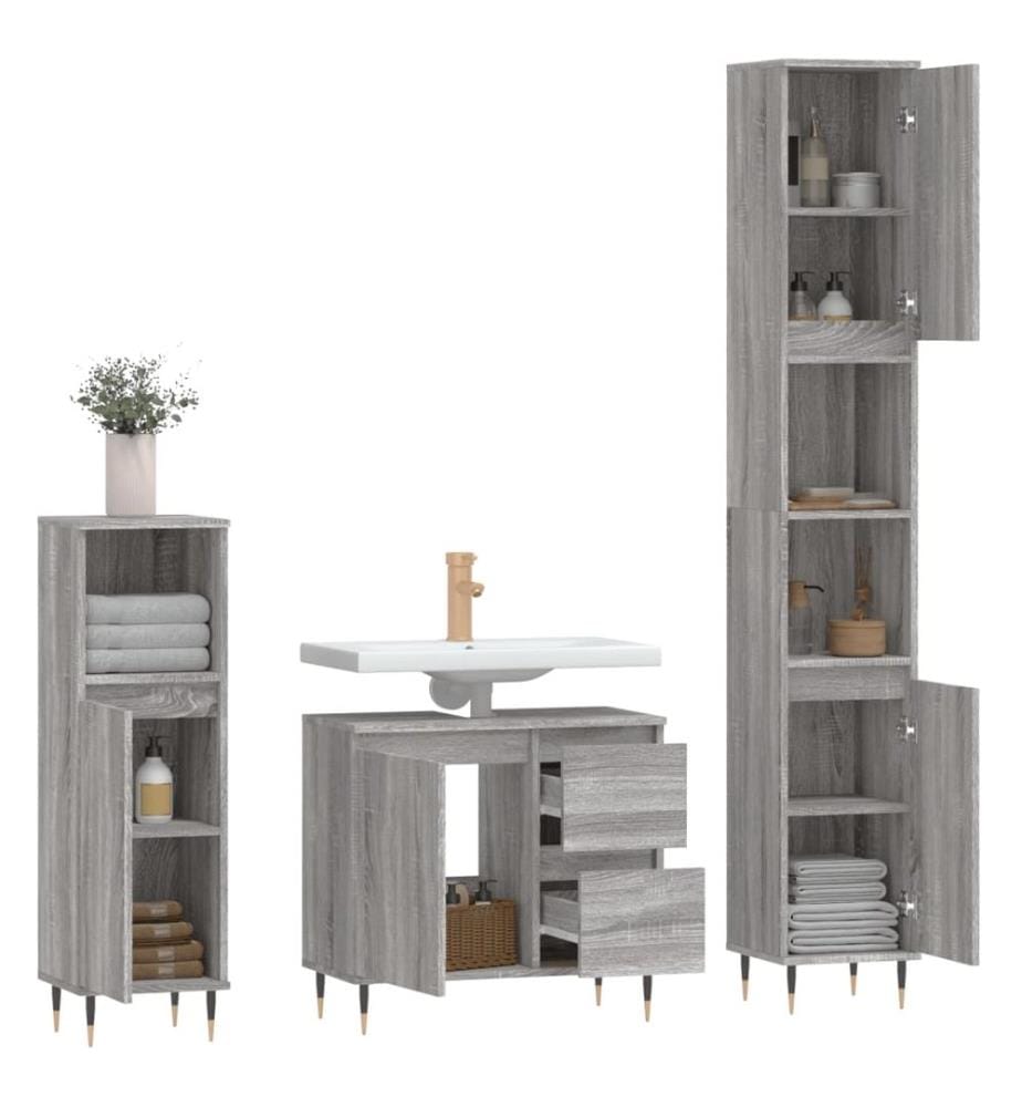3-tlg. Badmöbel-Set Grau Sonoma Holzwerkstoff