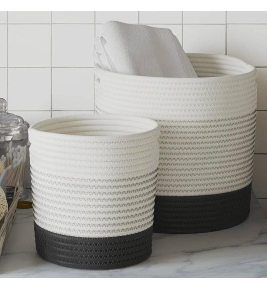 Paniers de rangement 2 pcs blanc et noir coton
