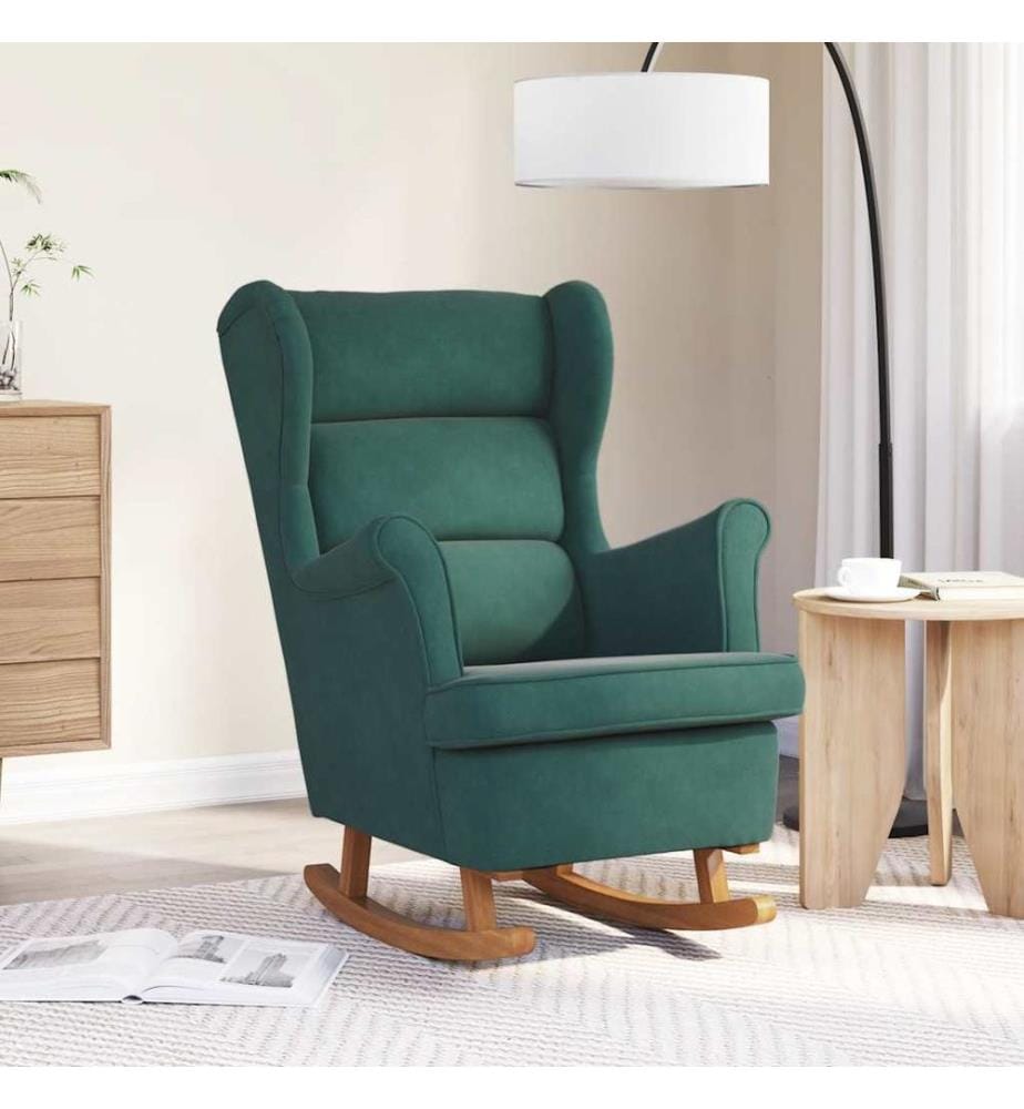 Fauteuil à bascule à oreilles en velours vert foncé bois massif