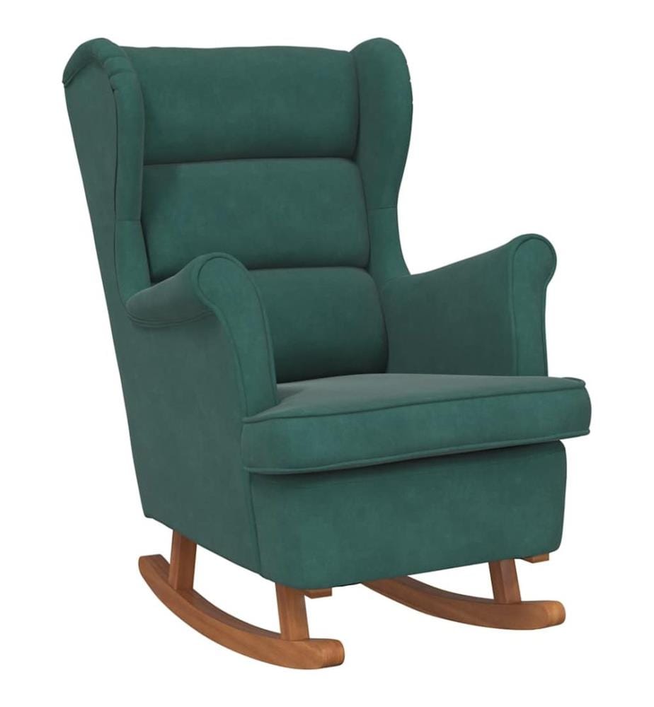 Fauteuil à bascule à oreilles en velours vert foncé bois massif