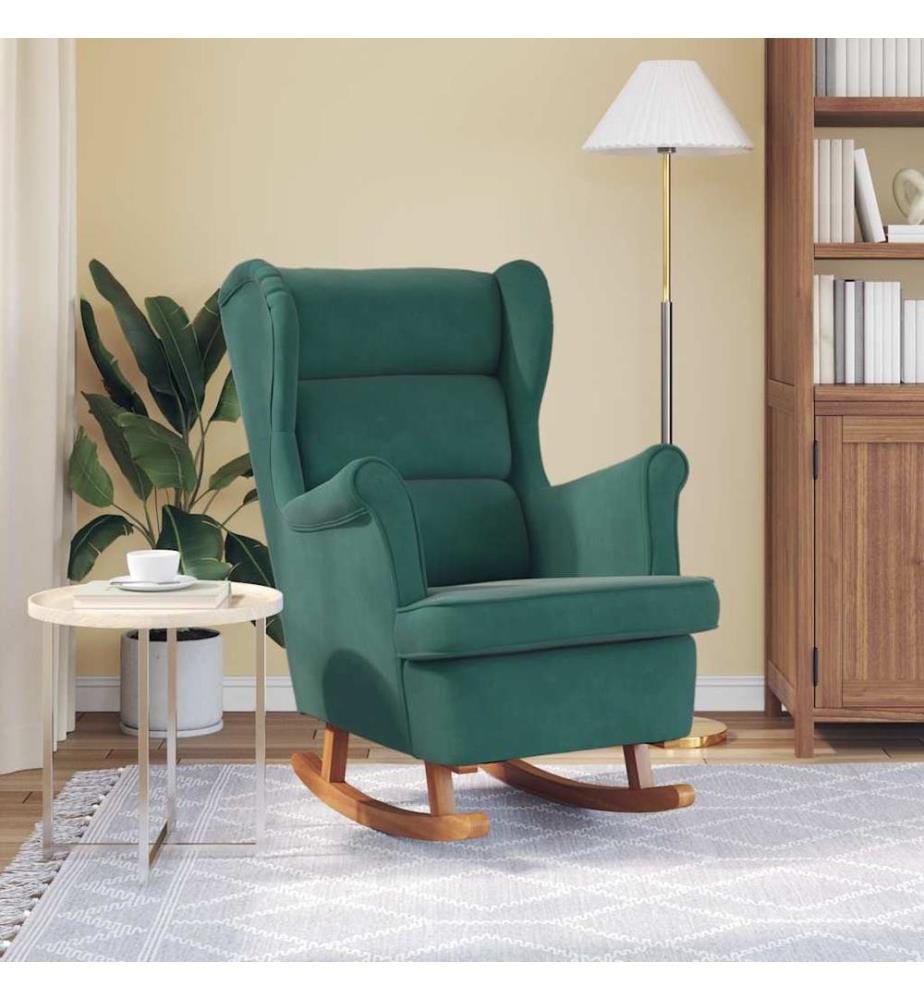 Fauteuil à bascule à oreilles en velours vert foncé bois massif