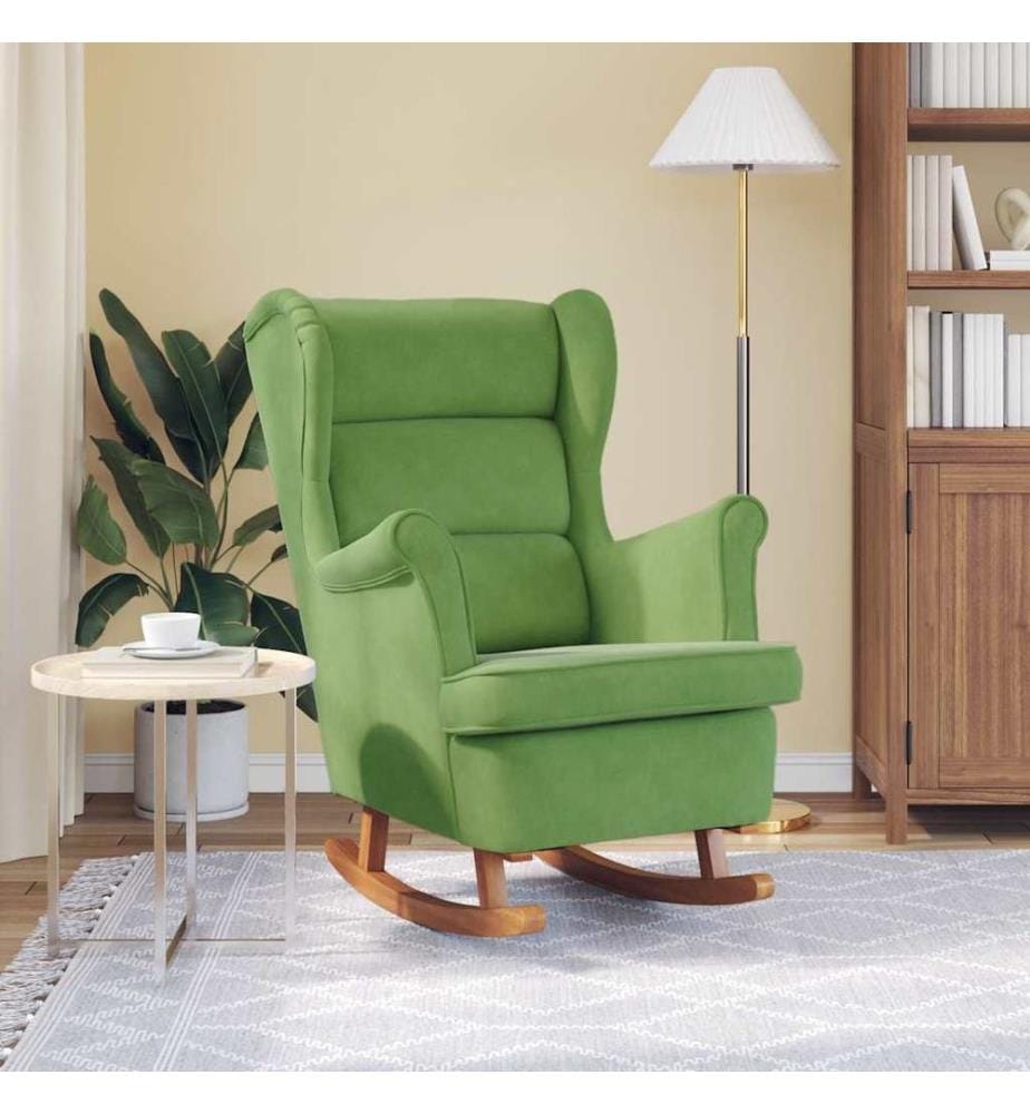 Fauteuil à bascule à oreilles en velours vert clair bois massif
