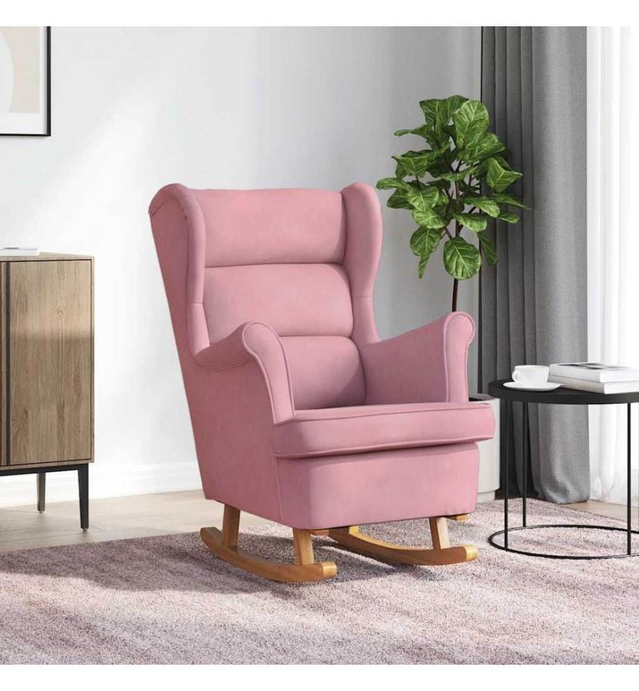 Fauteuil à bascule à oreilles en velours rose bois massif