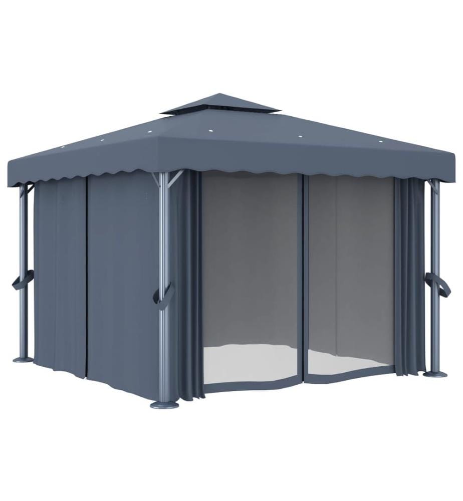 Pavillon mit Vorhängen & LED-Lichterkette 3x3 m Anthrazit