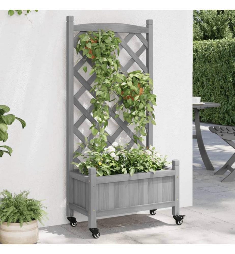 Jardinière avec treillis et roues gris bois massif de sapin