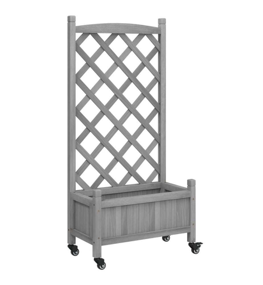 Jardinière avec treillis et roues gris bois massif de sapin