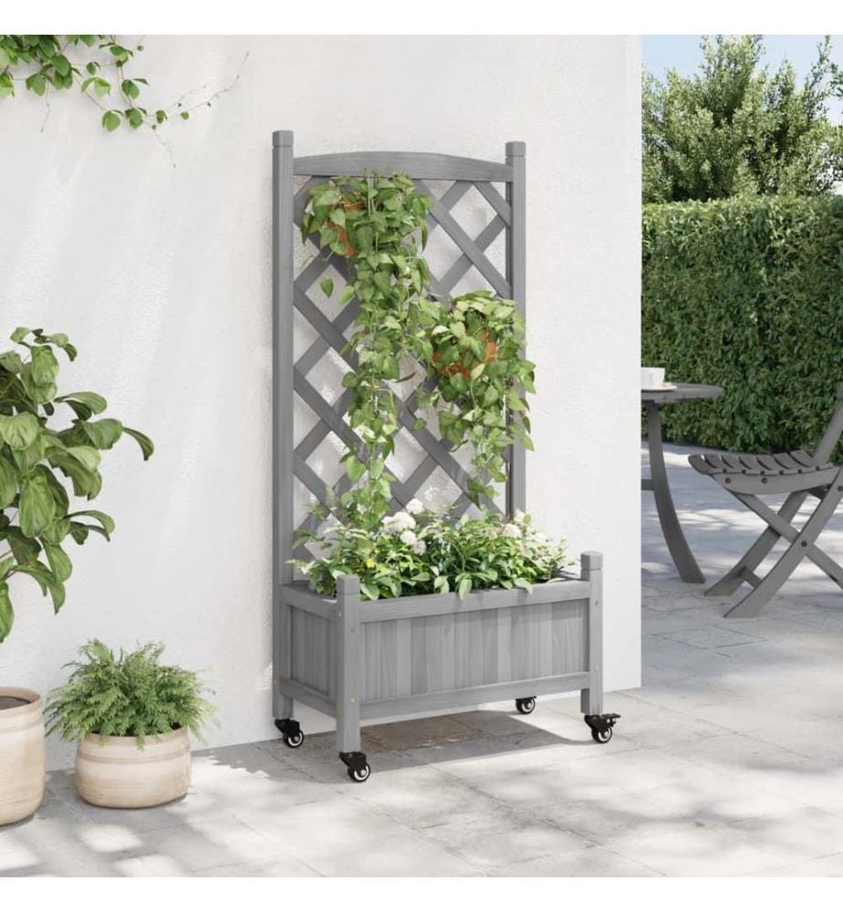 Jardinière avec treillis et roues gris bois massif de sapin