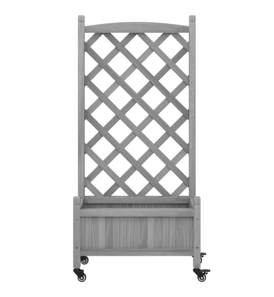 Jardinière avec treillis et roues gris bois massif de sapin