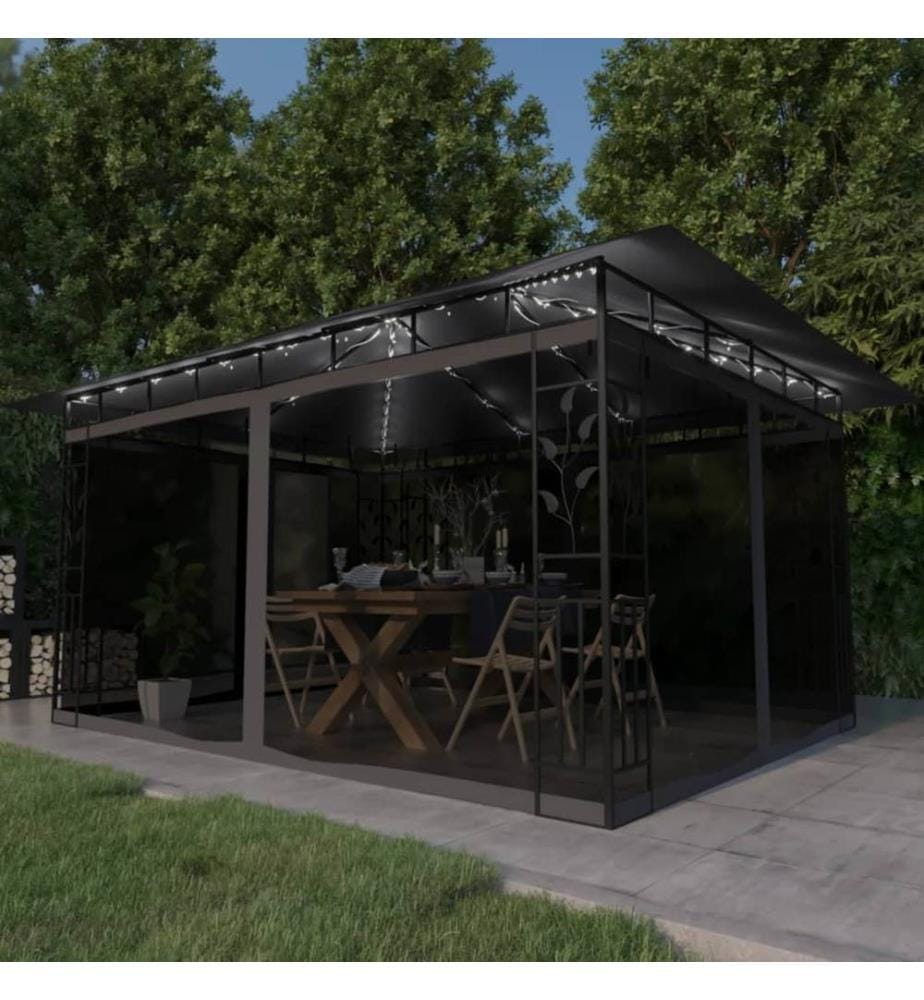 Pavillon mit Moskitonetz & LED-Lichterkette 4x3x2,73m Anthrazit