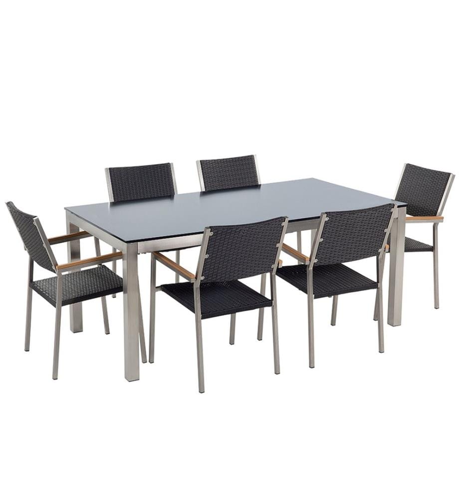 Salle à manger de jardin 6 places GROSSETO Verre de sécurité Noir