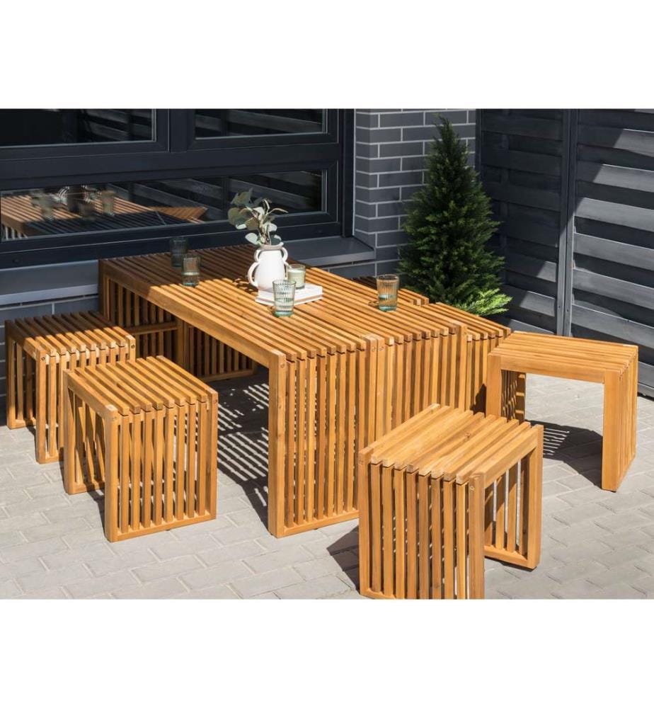 Salle à manger de jardin avec bancs et tabourets 6 places BELLANO Acacia Marron