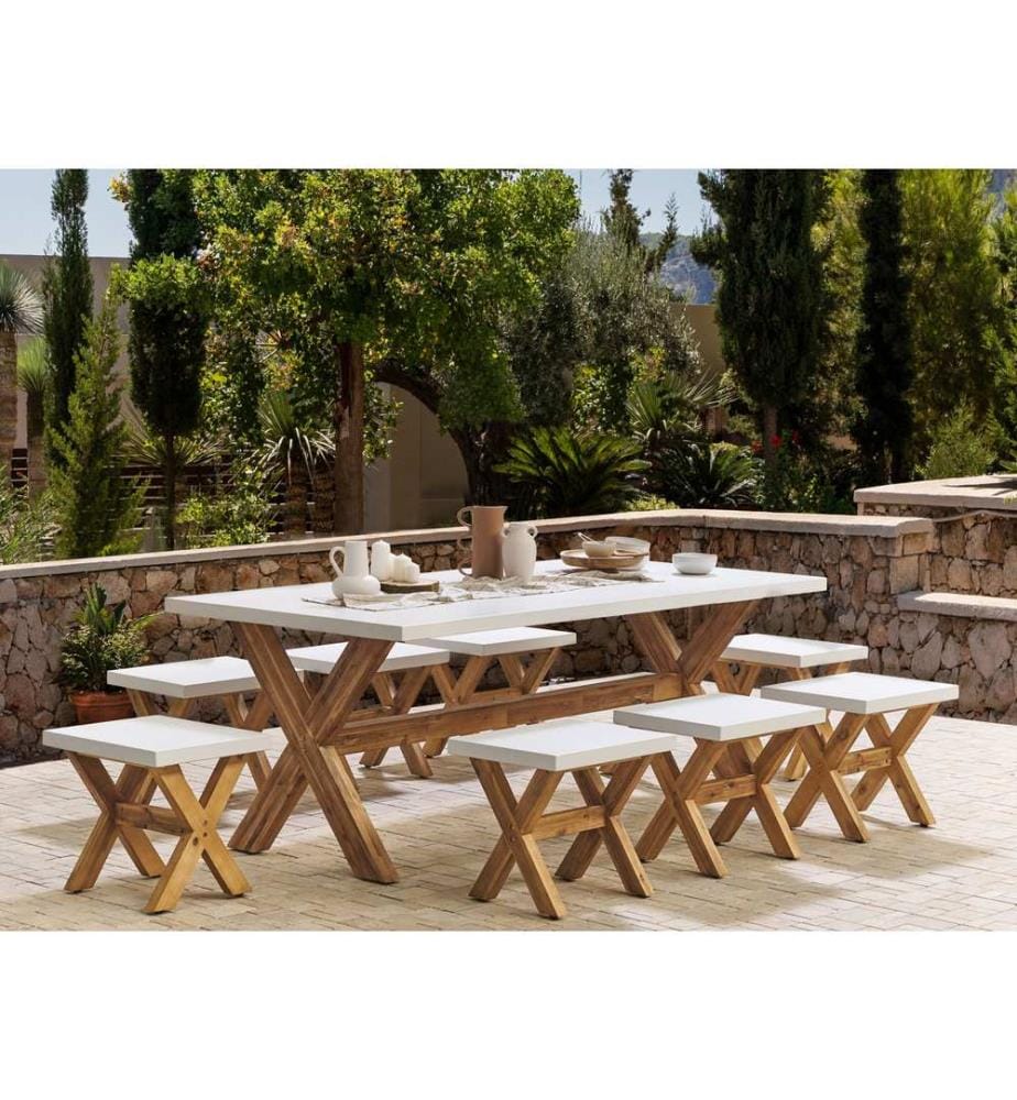 Salle à manger de jardin avec tabourets 8 places OLBIA Béton Blanc