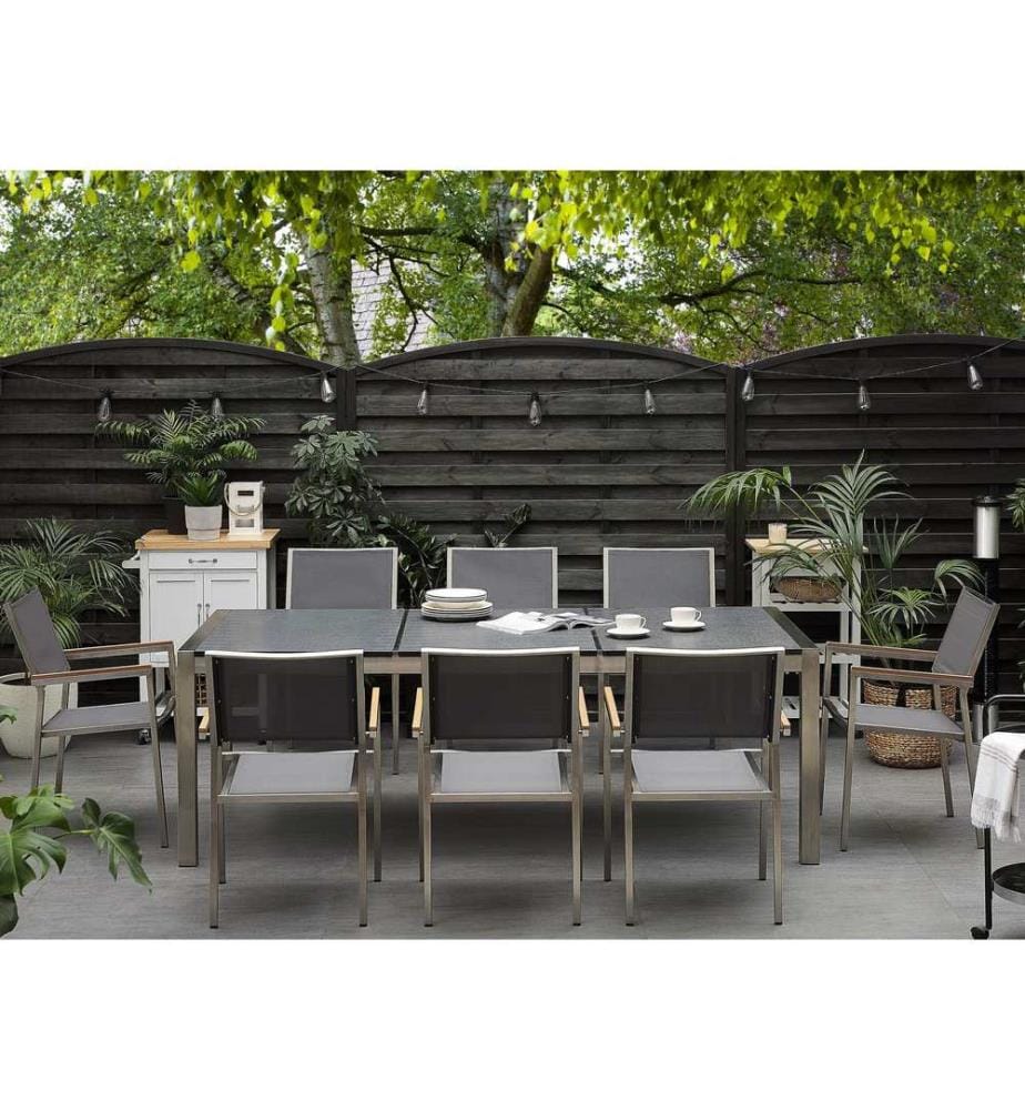 Salle à manger de jardin 8 places GROSSETO Triple plaque Granit Flammé Noir