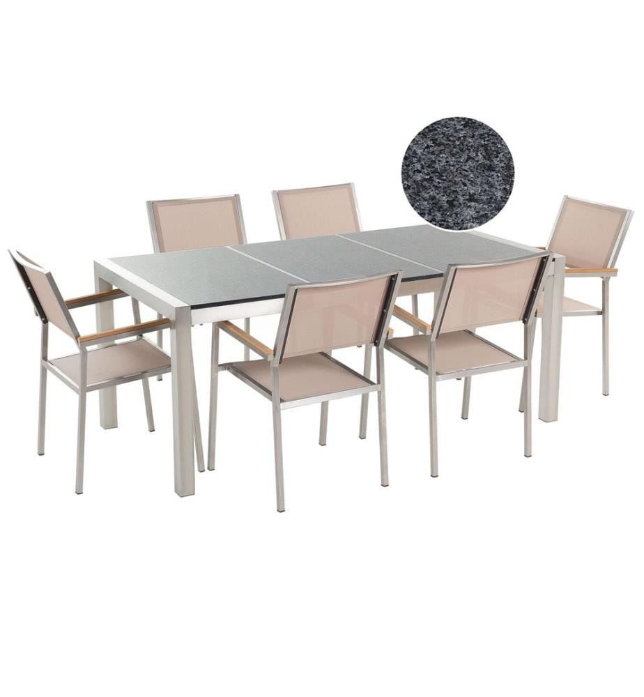 Salle à manger de jardin 6 places GROSSETO Triple plaque Granit Poli Gris/beige