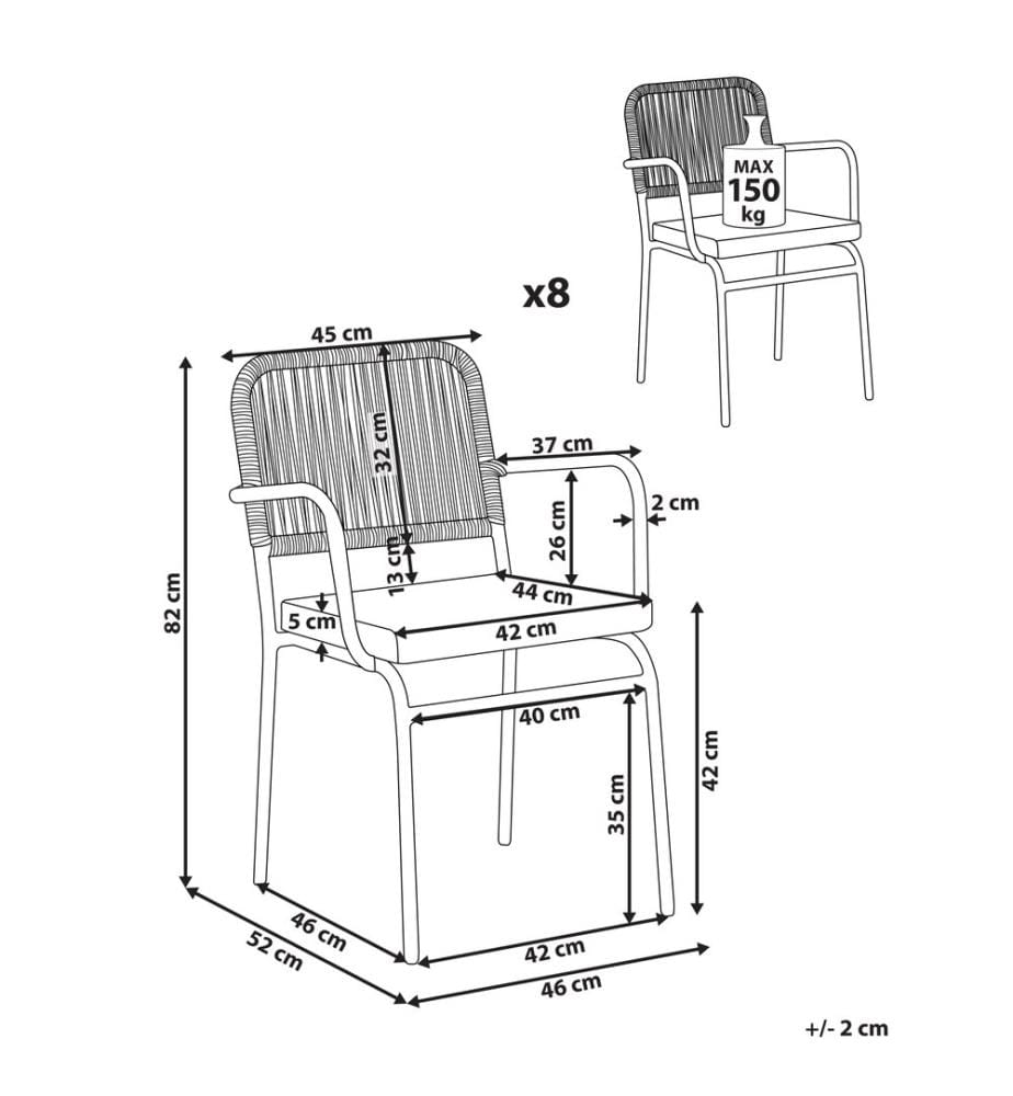 Lot de 8 chaises de jardin avec coussins TACENO Métal Blanc