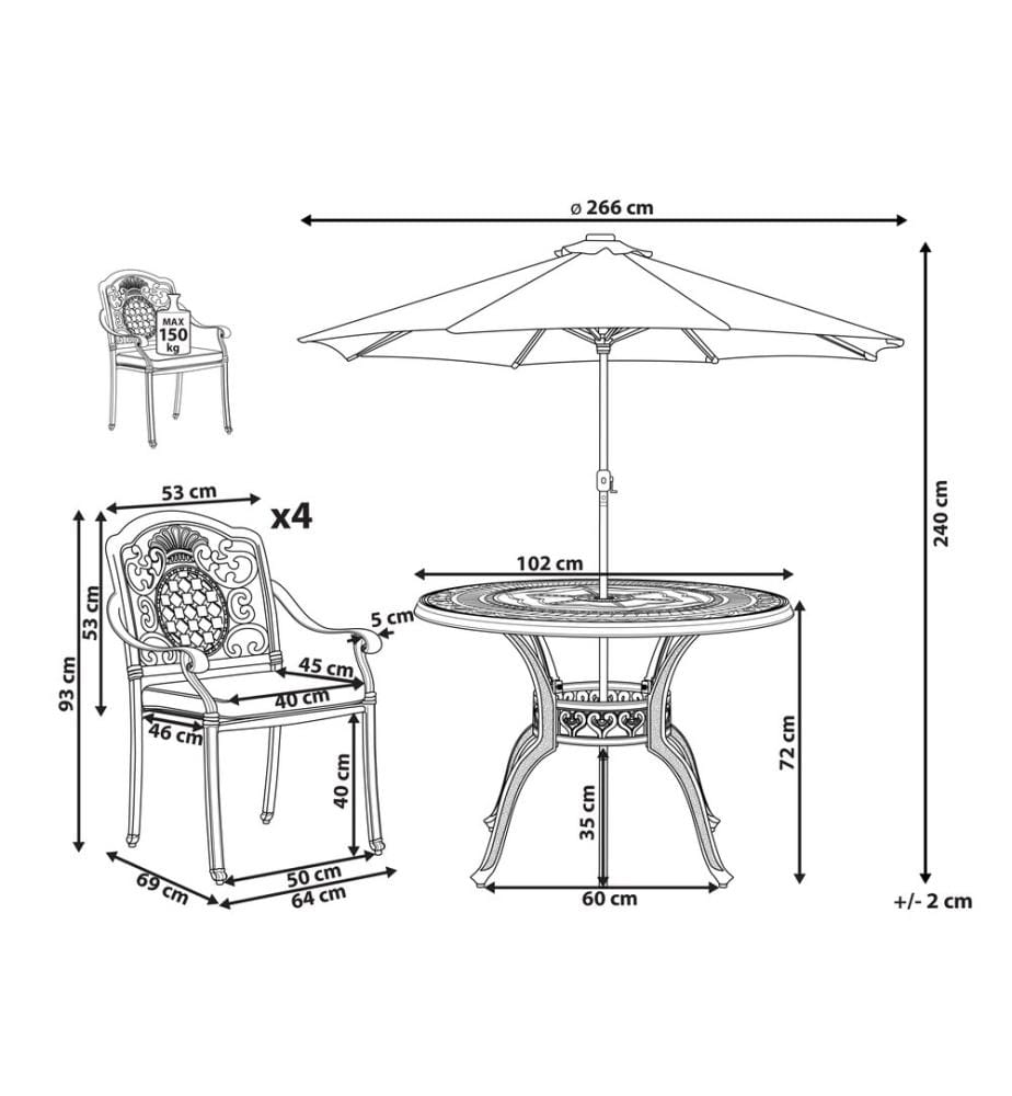 Salle à manger de jardin 4 places SALENTO avec parasol (16 options) Métal Marron foncé