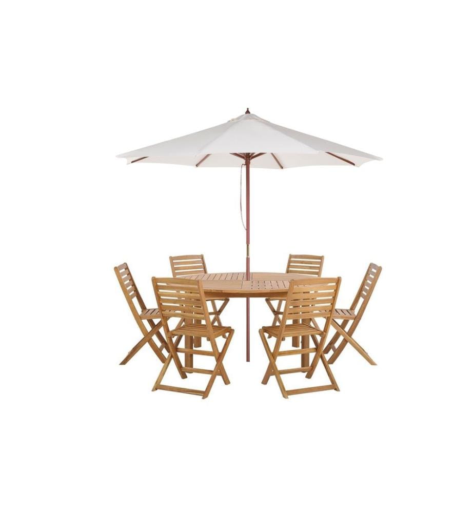 Salle à manger de jardin 6 places TOLVE avec parasol (12 options) Acacia Marron