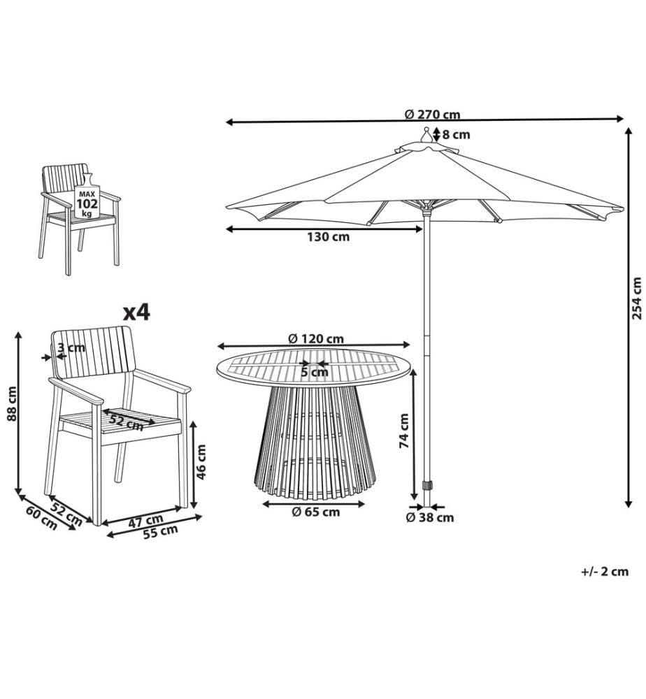 Salle à manger de jardin 4 places AGELLO avec parasol (12 options) Acacia Marron