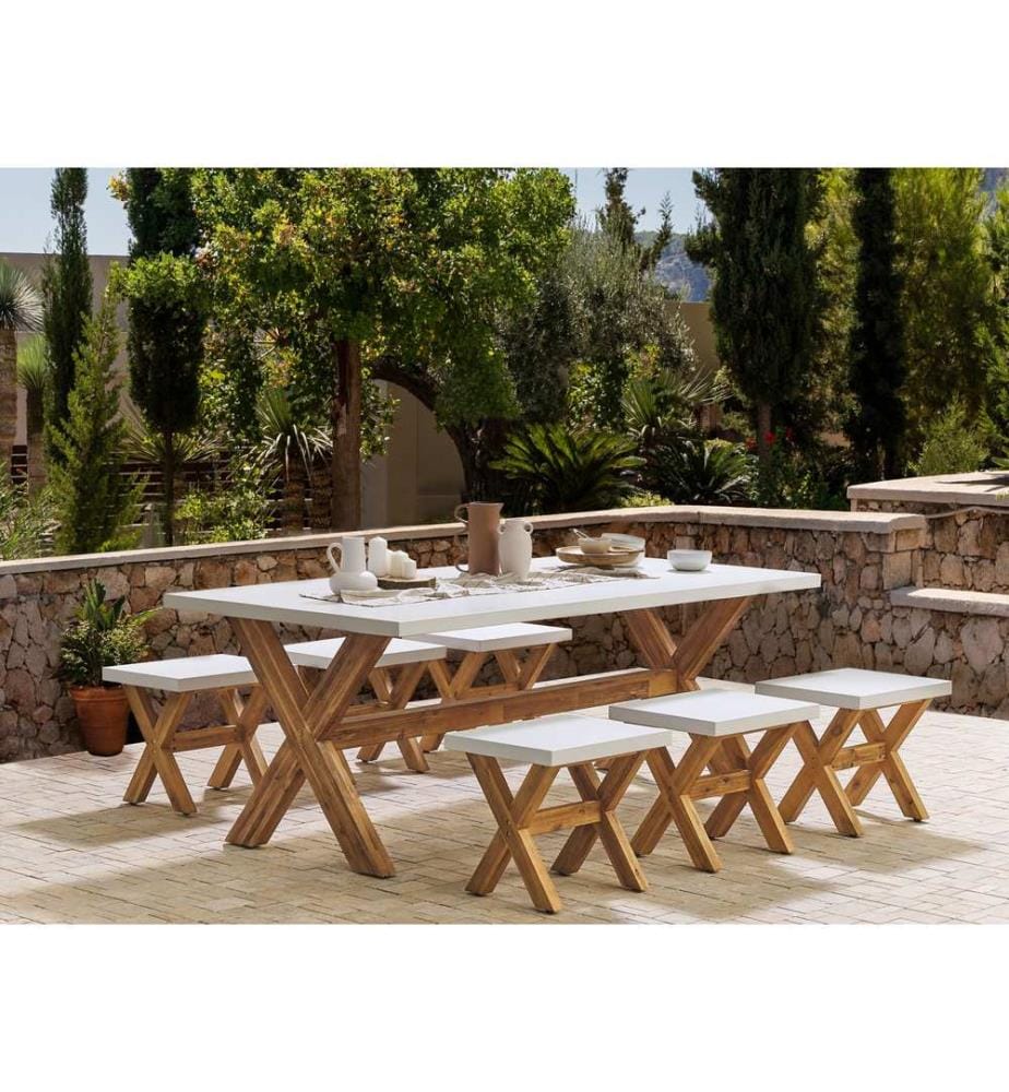 Salle à manger de jardin avec tabourets 6 places OLBIA Béton Blanc