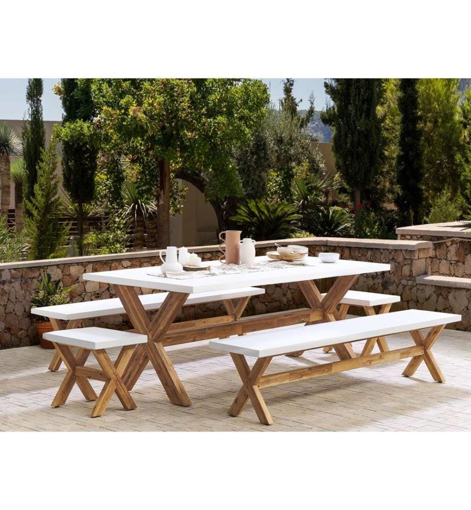 Salle à manger de jardin avec bancs et tabourets 8 places OLBIA Béton Blanc