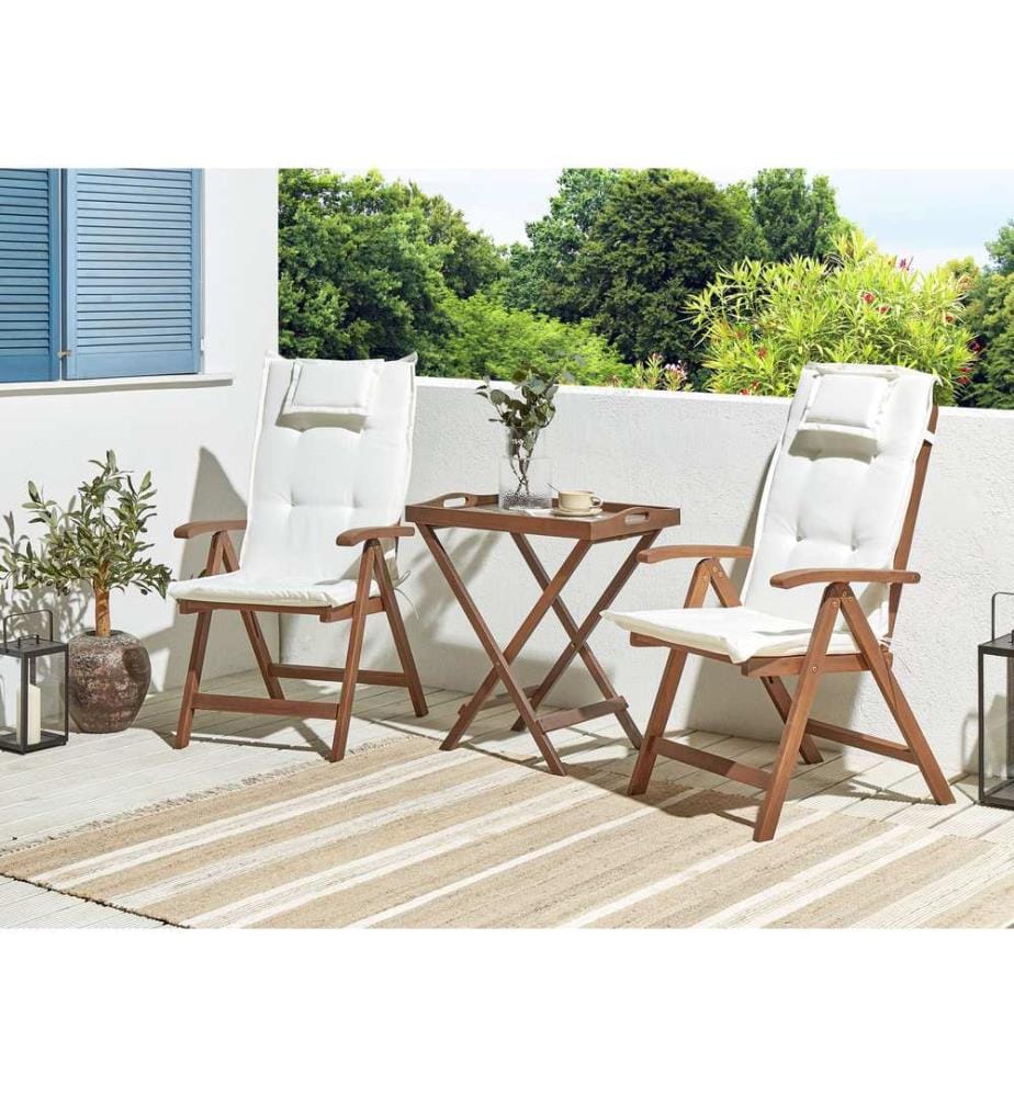 Ensemble bistrot avec coussins Pliant AMANTEA Acacia Blanc cassé