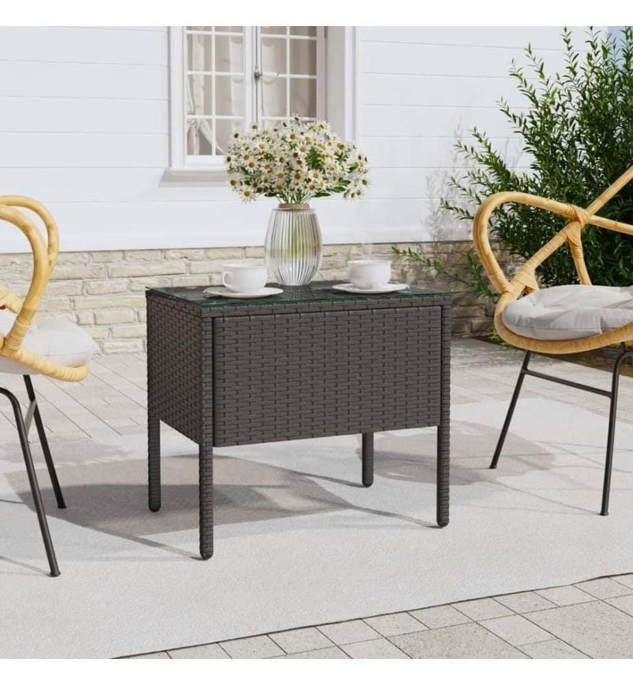 Table d'appoint noir 53x37x48 cm poly rotin et verre trempé