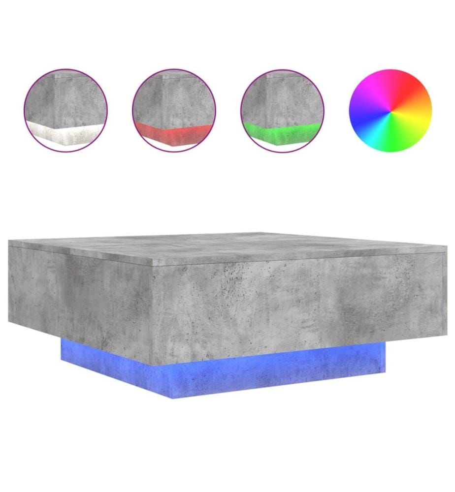 Table basse avec lumières LED gris béton 80x80x31 cm