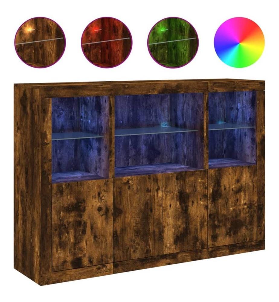 Sideboards mit LED-Leuchten 3 Stk. Räuchereiche Holzwerkstoff