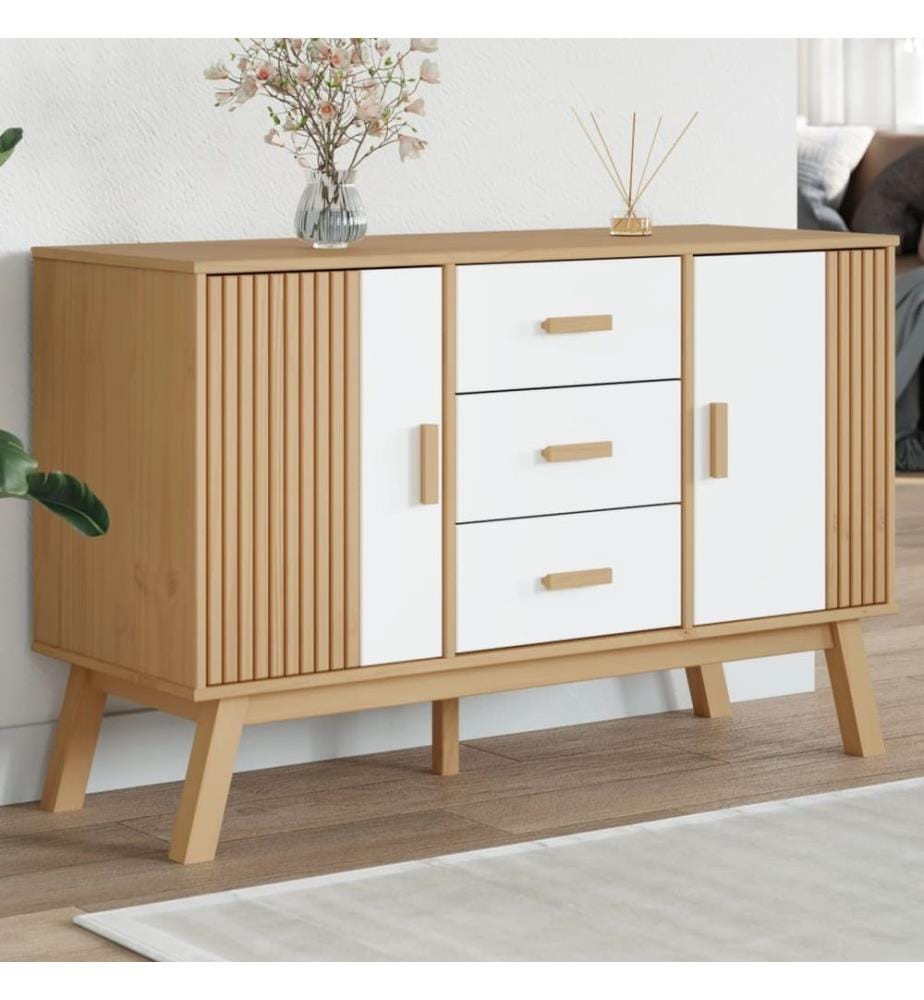 Buffet OLDEN blanc et marron 114x43x73,5 cm bois massif de pin