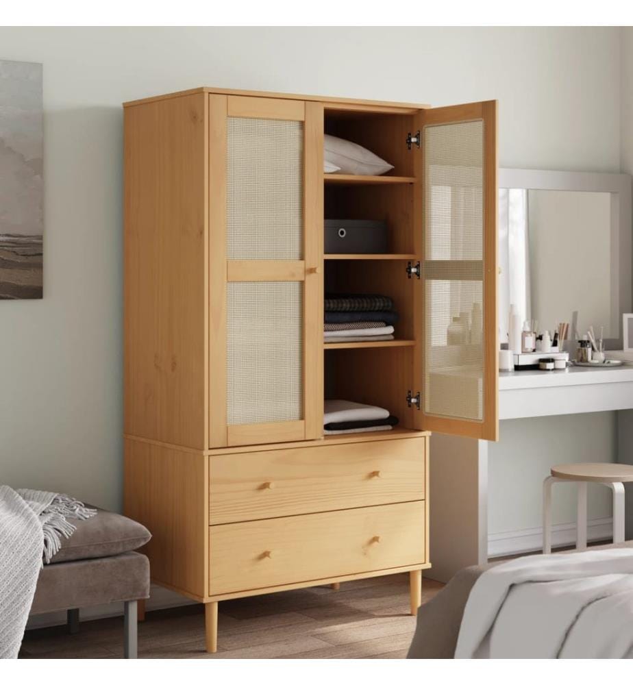Garde-robe SENJA aspect rotin marron bois massif de pin