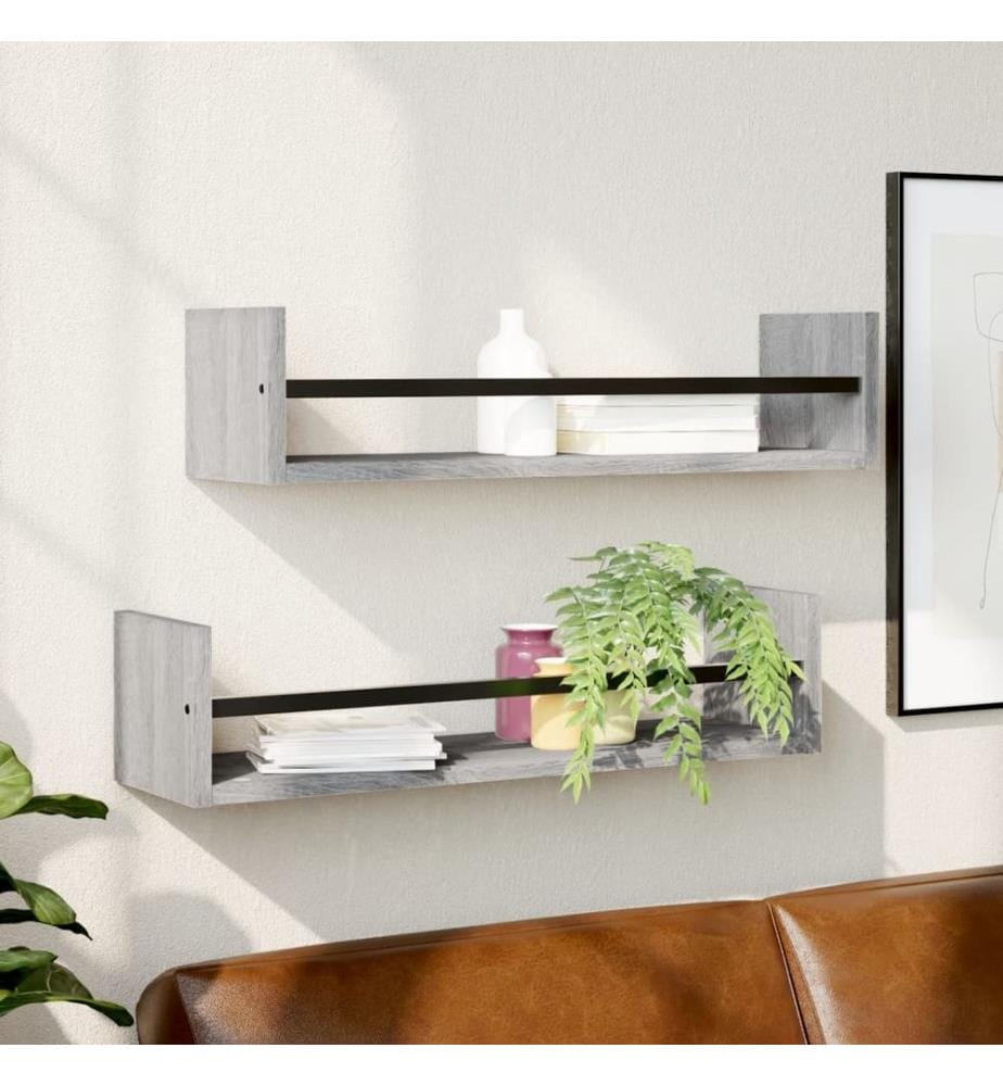 Wandregale mit Stangen 2 Stk. Grau Sonoma 60x16x14 cm