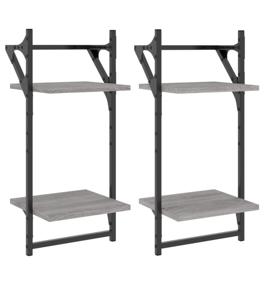 Wandregale mit 2 Ablagen & Stangen 2 Stk Grau Sonoma 30x25x65cm