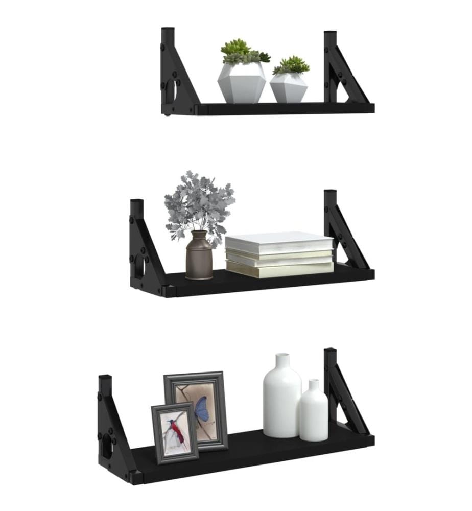 3-tlg. Wandregal-Set Schwarz Holzwerkstoff