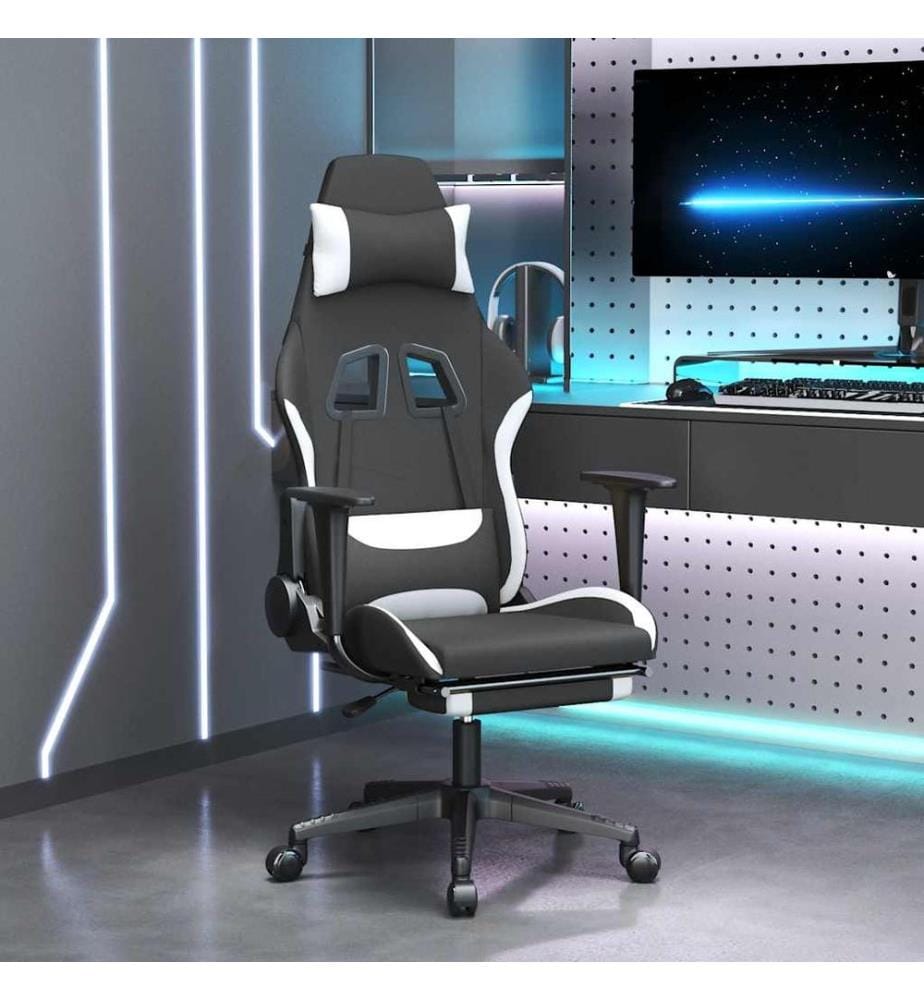 Chaise de jeu de massage avec repose-pied Noir et blanc Tissu