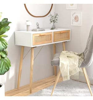 Konsolentisch Weiss 80x30x75 cm Massivholz Kiefer Natur-Rattan