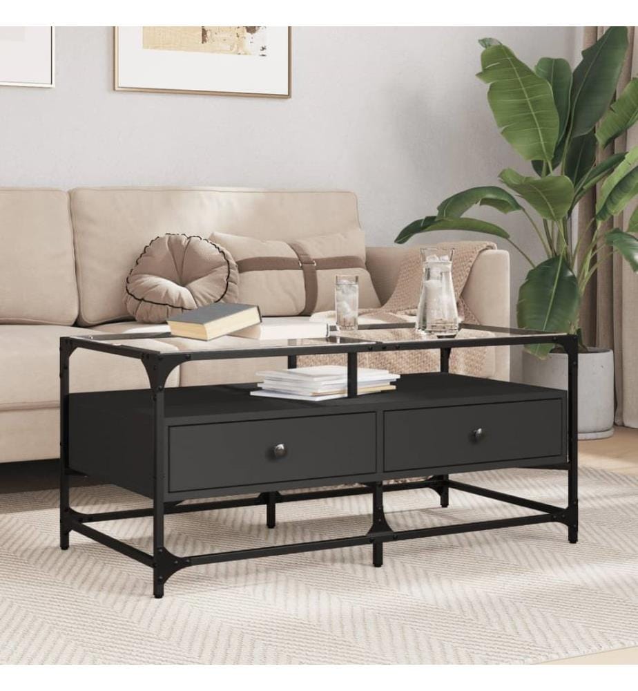 Table basse avec dessus en verre noir 98,5x50x45 cm acier