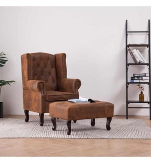 Chesterfield-Sessel und Fusshocker Braun Wildleder-Optik