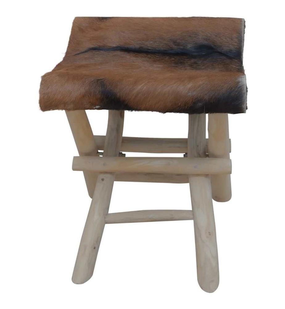 Tabouret pliable cuir de chèvre et bois de teck massif