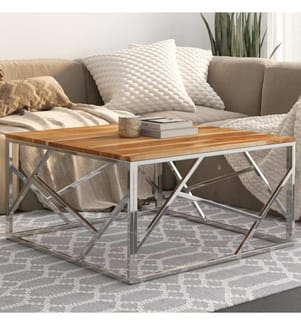 Table basse argenté acier inoxydable et bois massif d'acacia