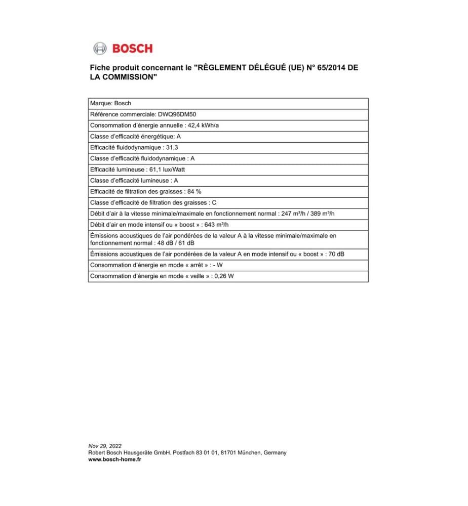 Hotte décorative murale BOSCH - Modèle : DWQ 96 DM 50